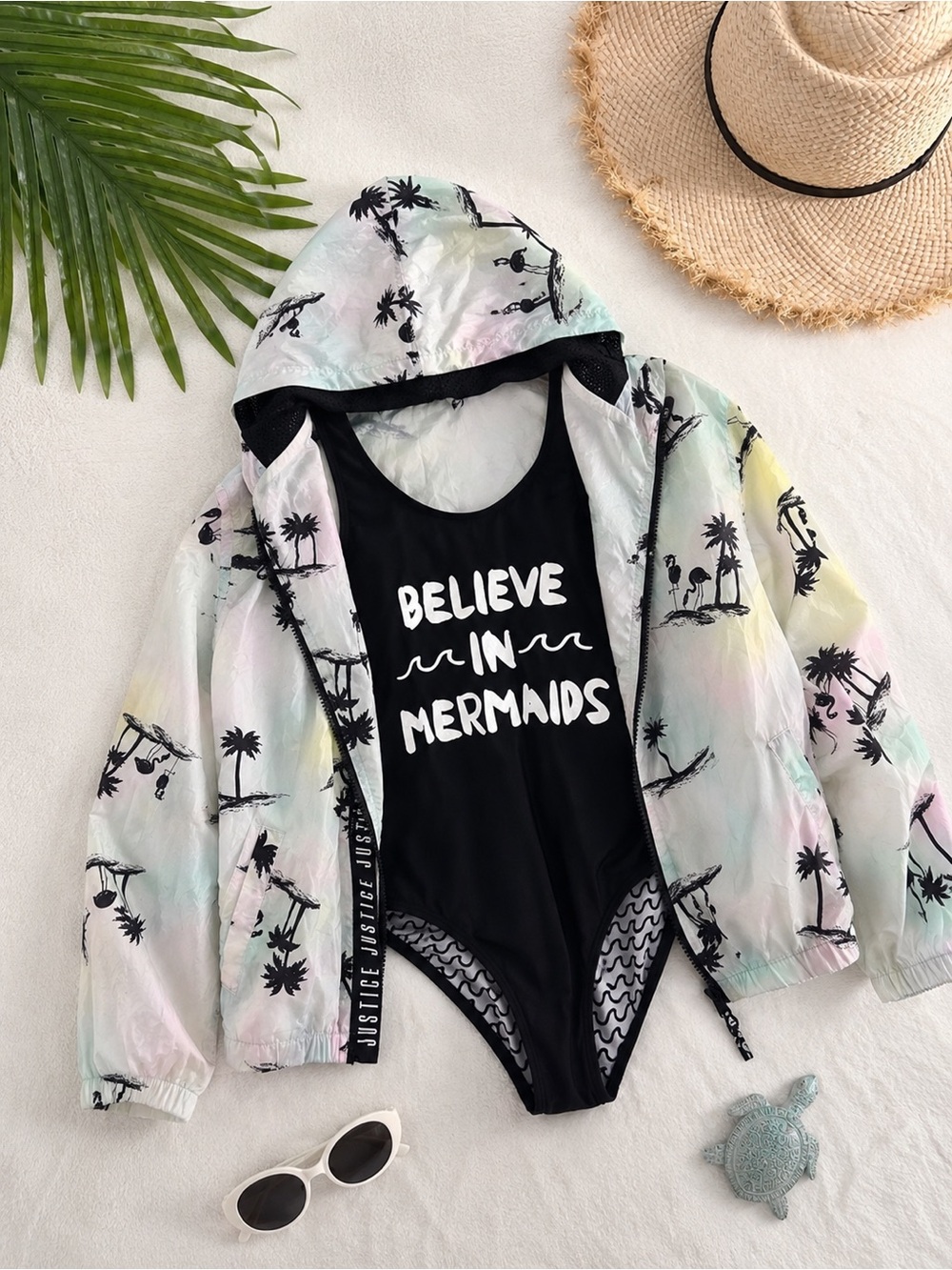Girls Justice Pastel Palm Print Windbreaker w Black Swimsuit by Class Art Set XL